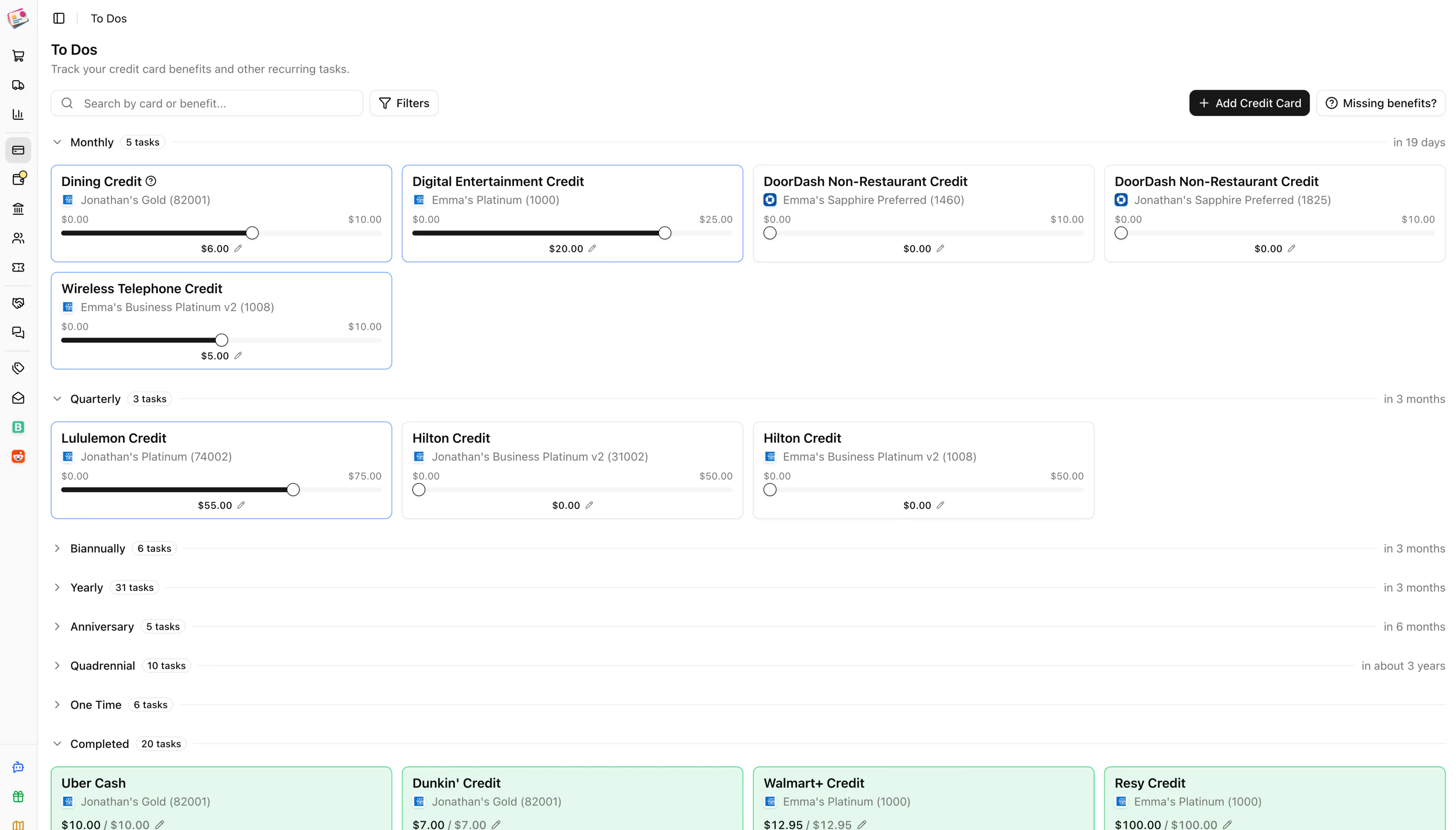 Credit card benefits tracking in Churning Tracker