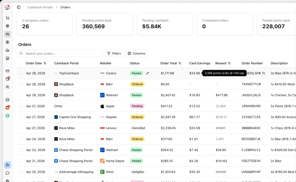 Cashback portal tracking in Churning Tracker reporting
