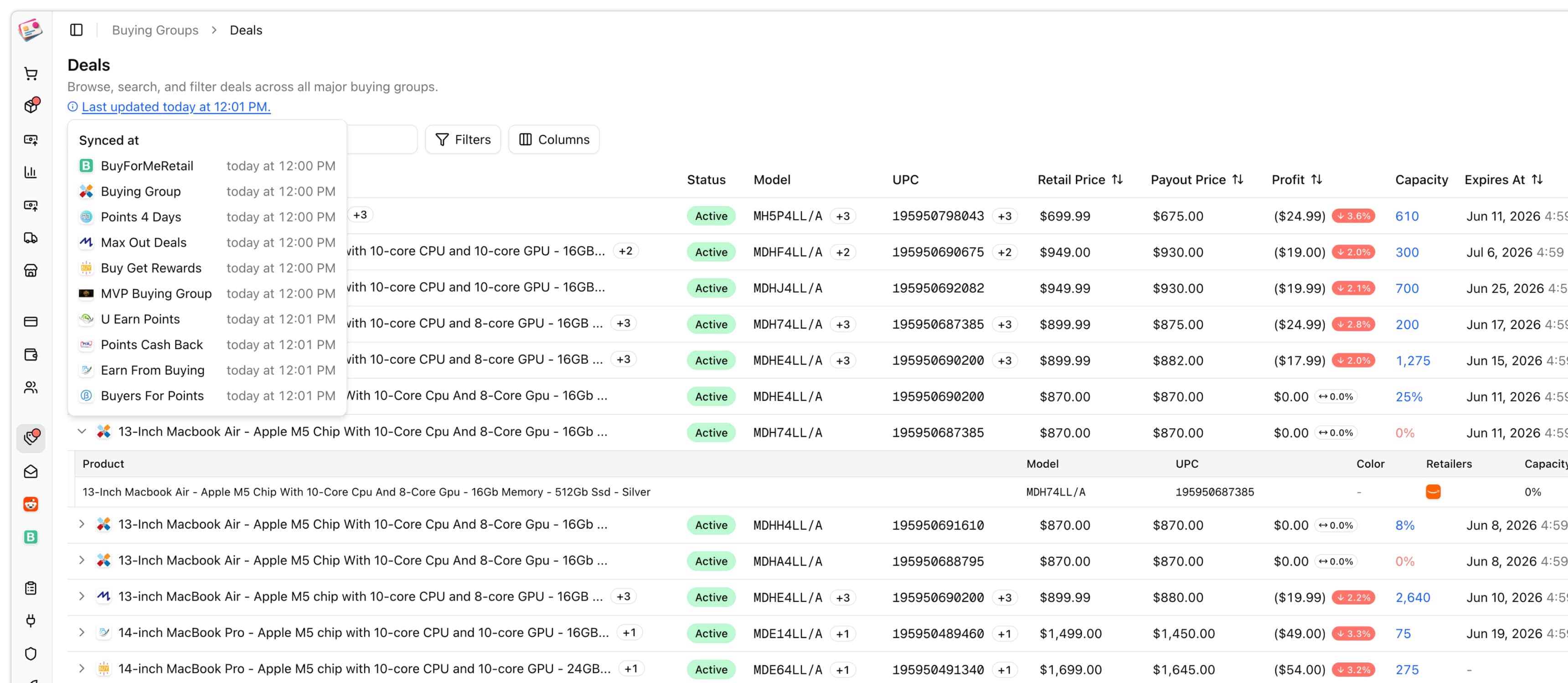 Buying group deals in Churning Tracker