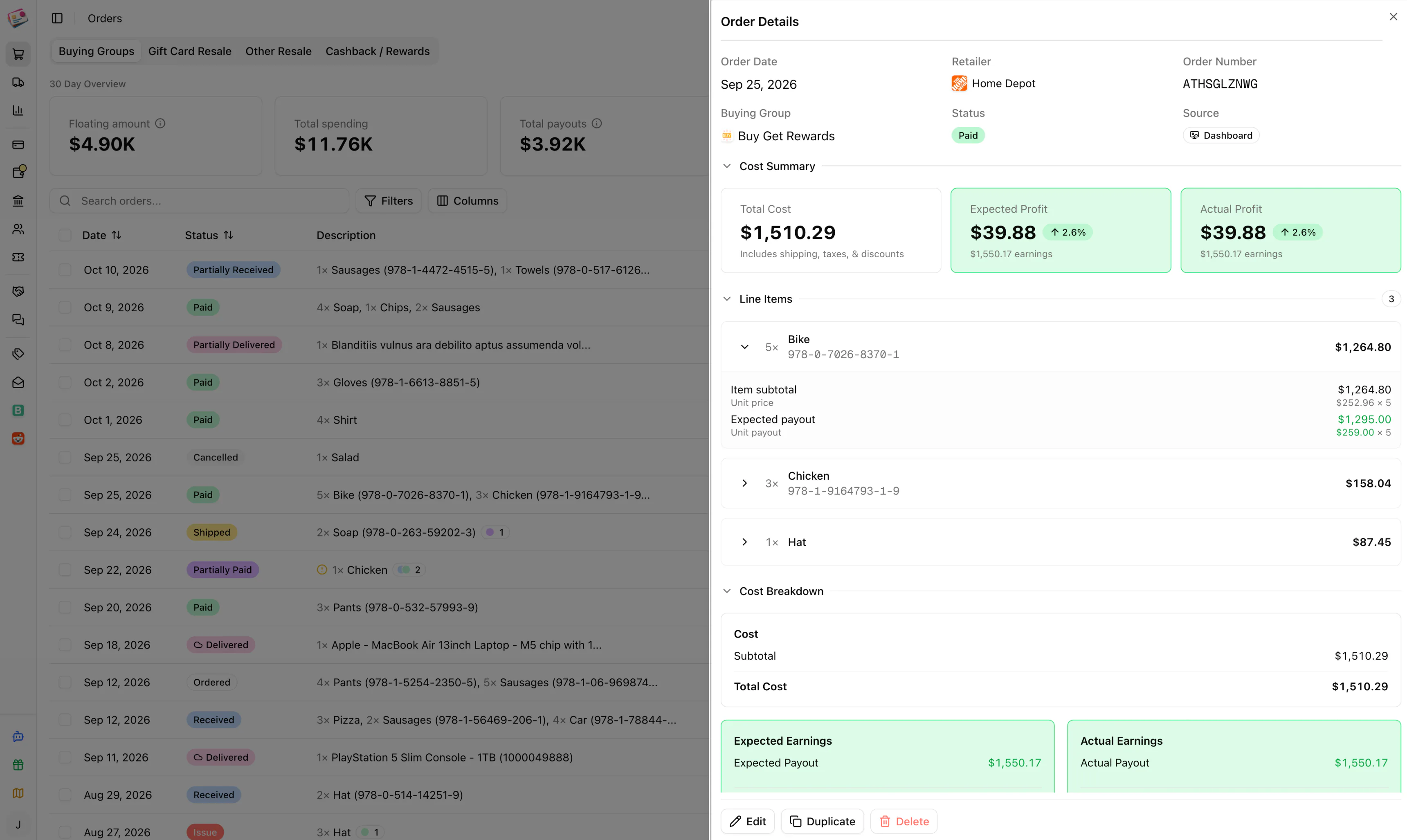 Buying group order tracking in Churning Tracker