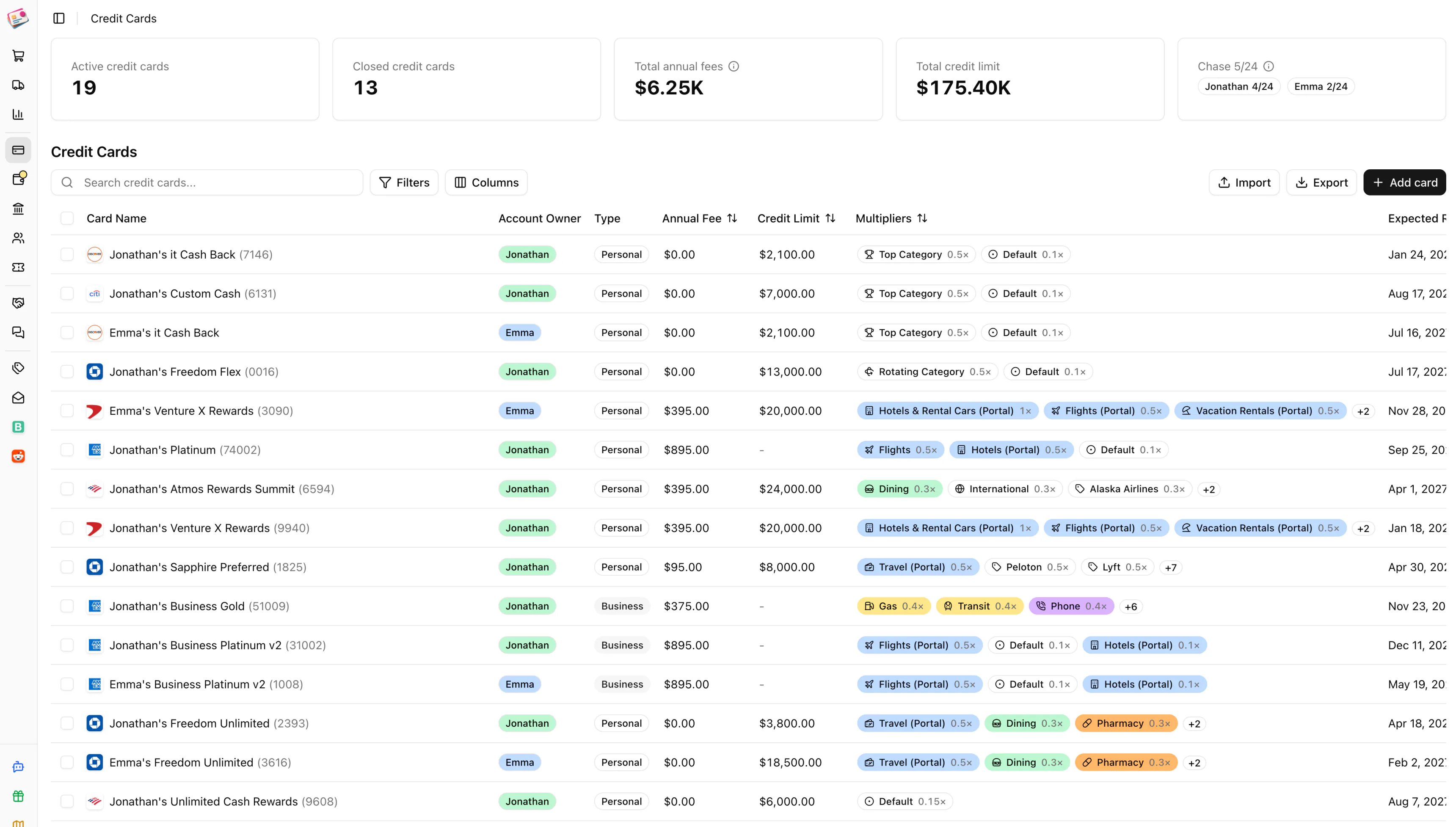 Credit card tracking in Churning Tracker