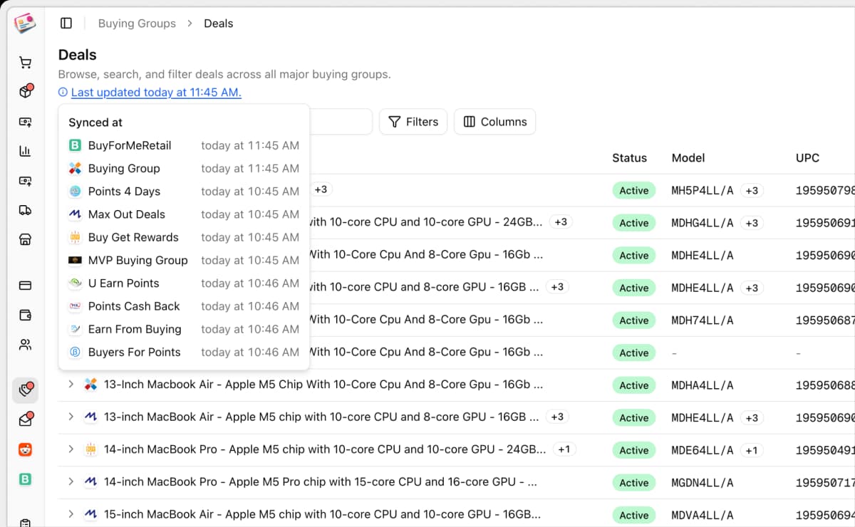 Buying group deal aggregation in Churning Tracker