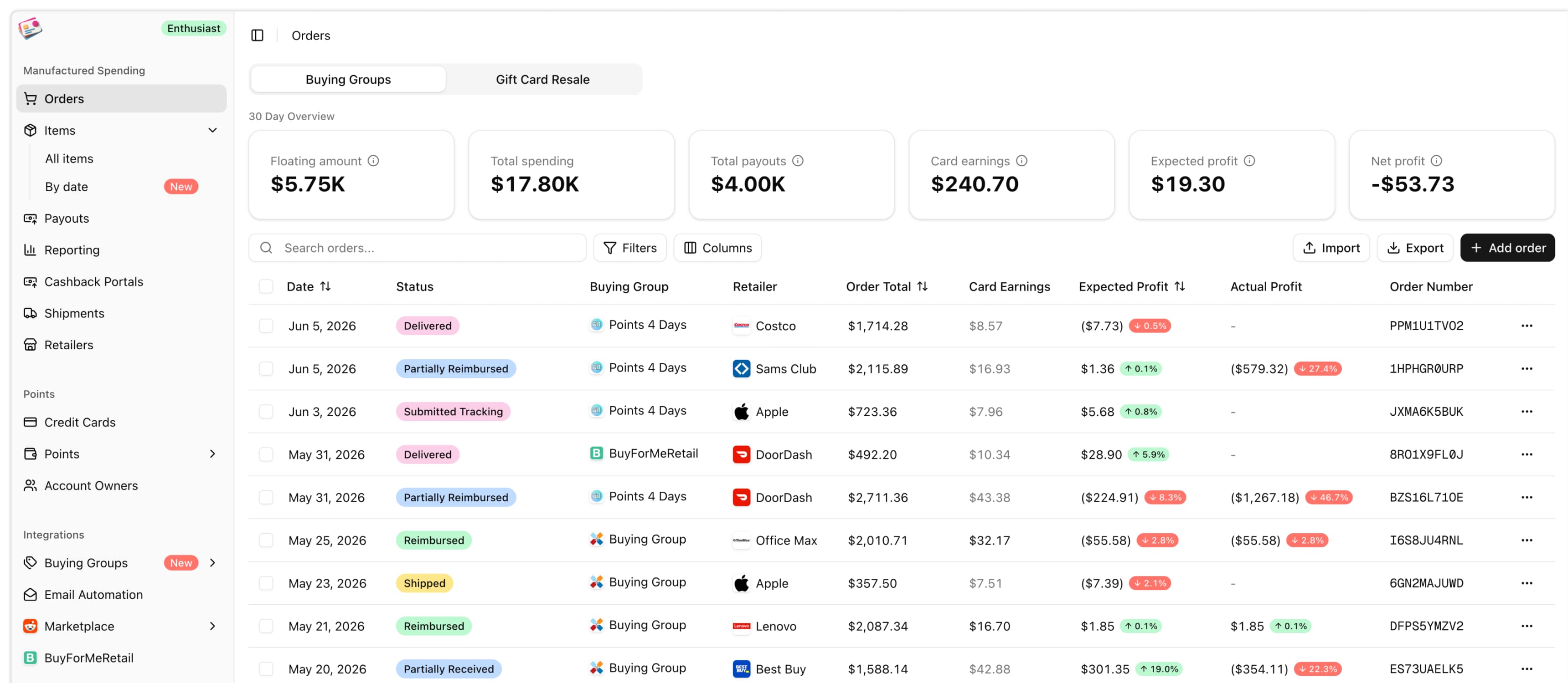 Churning Tracker dashboard with order and payout reporting