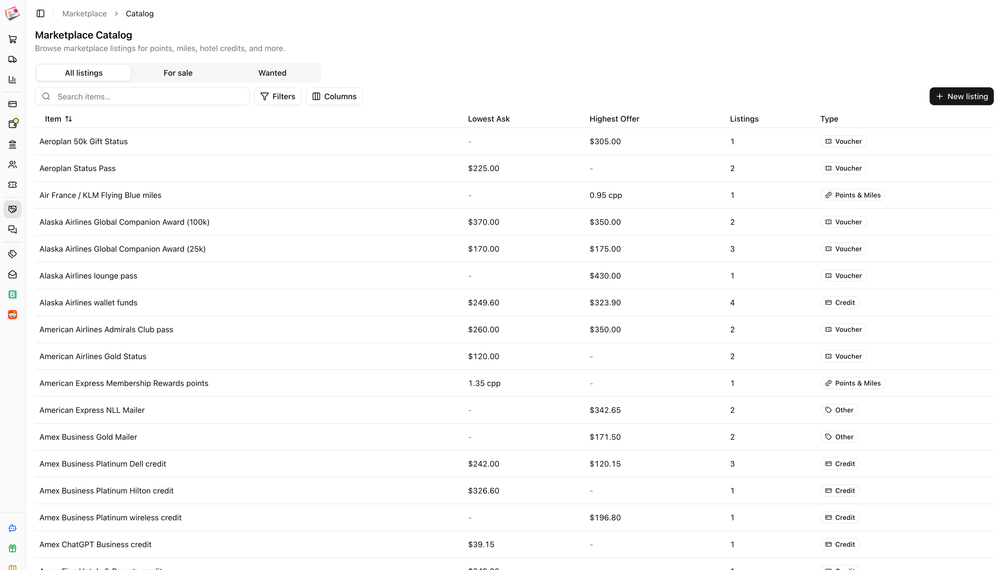 Marketplace listings in Churning Tracker