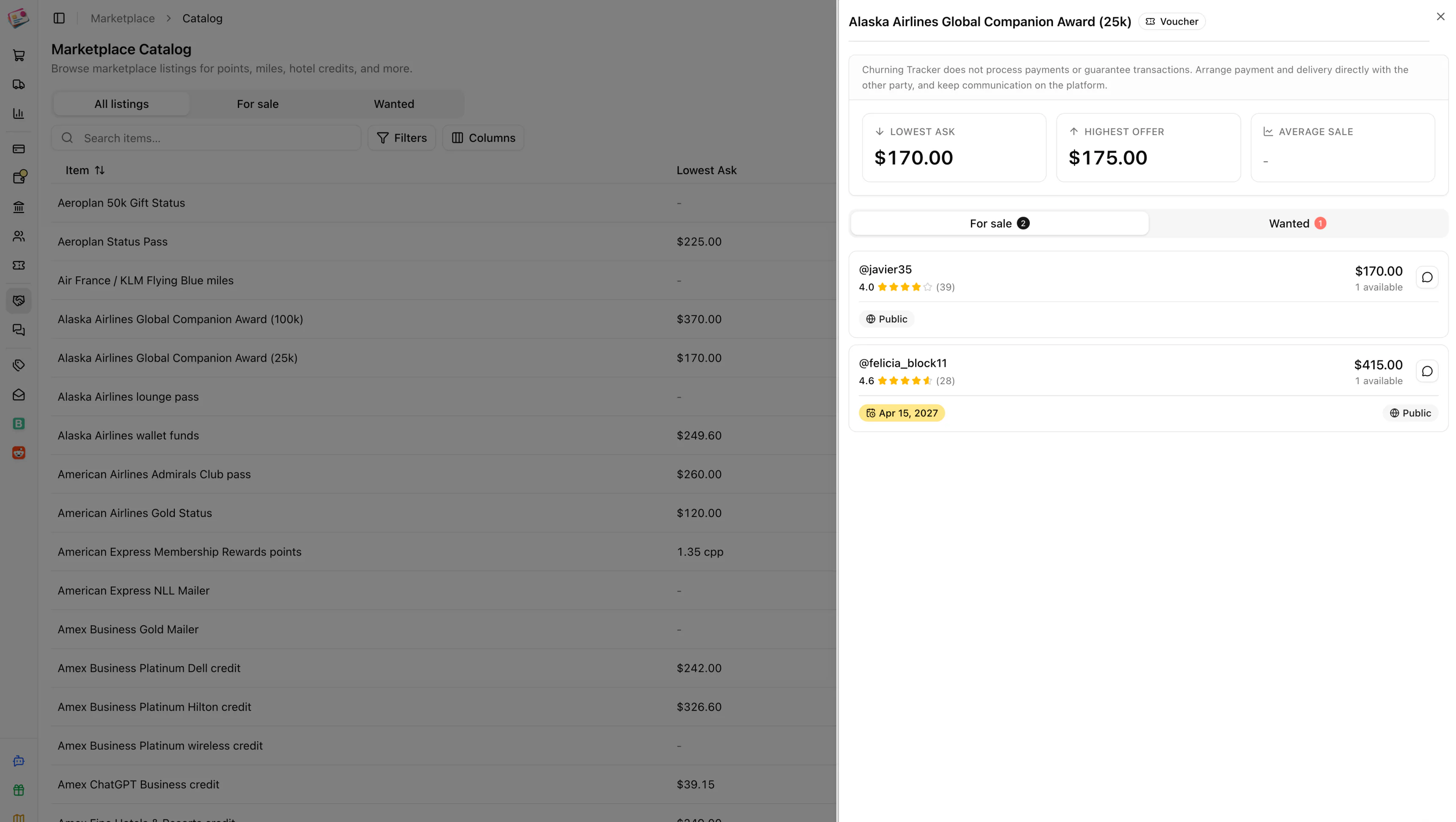 Marketplace catalog item with lowest ask, highest offer, and open listings