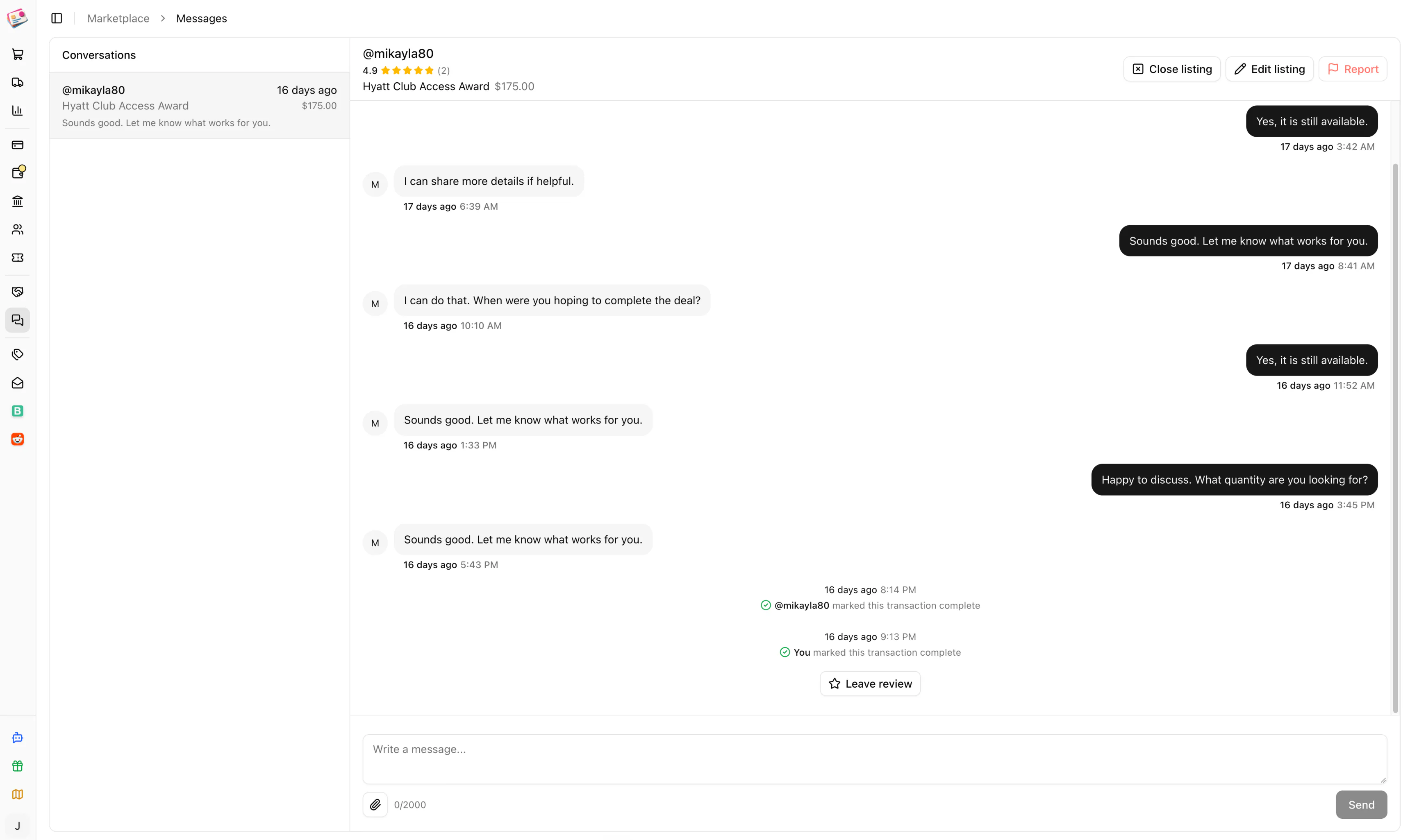 Marketplace direct messages with a completed transaction and review prompt