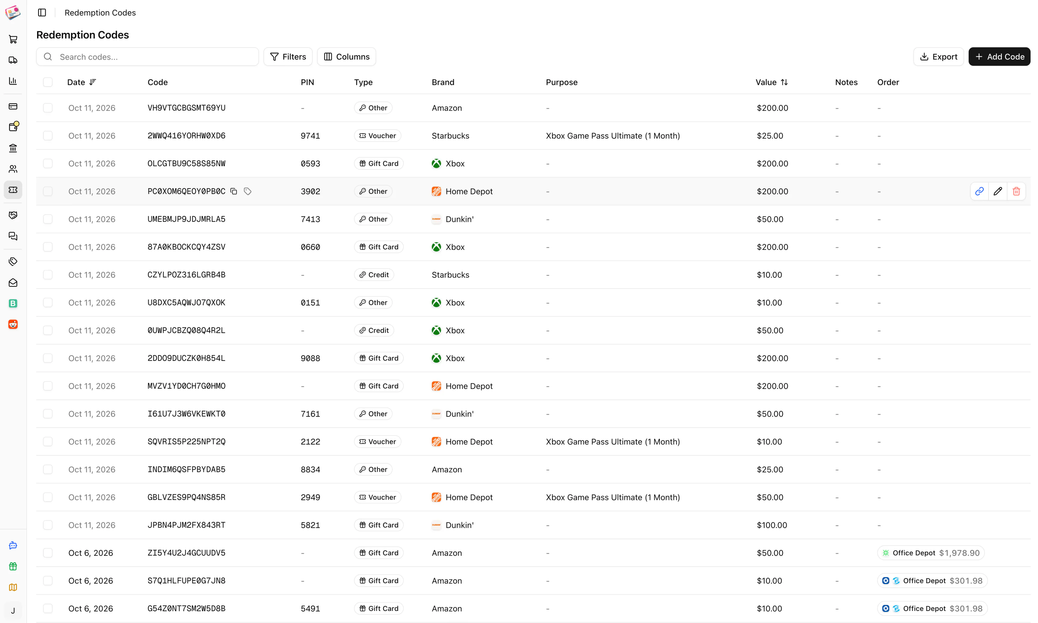 Redemption code tracking in Churning Tracker